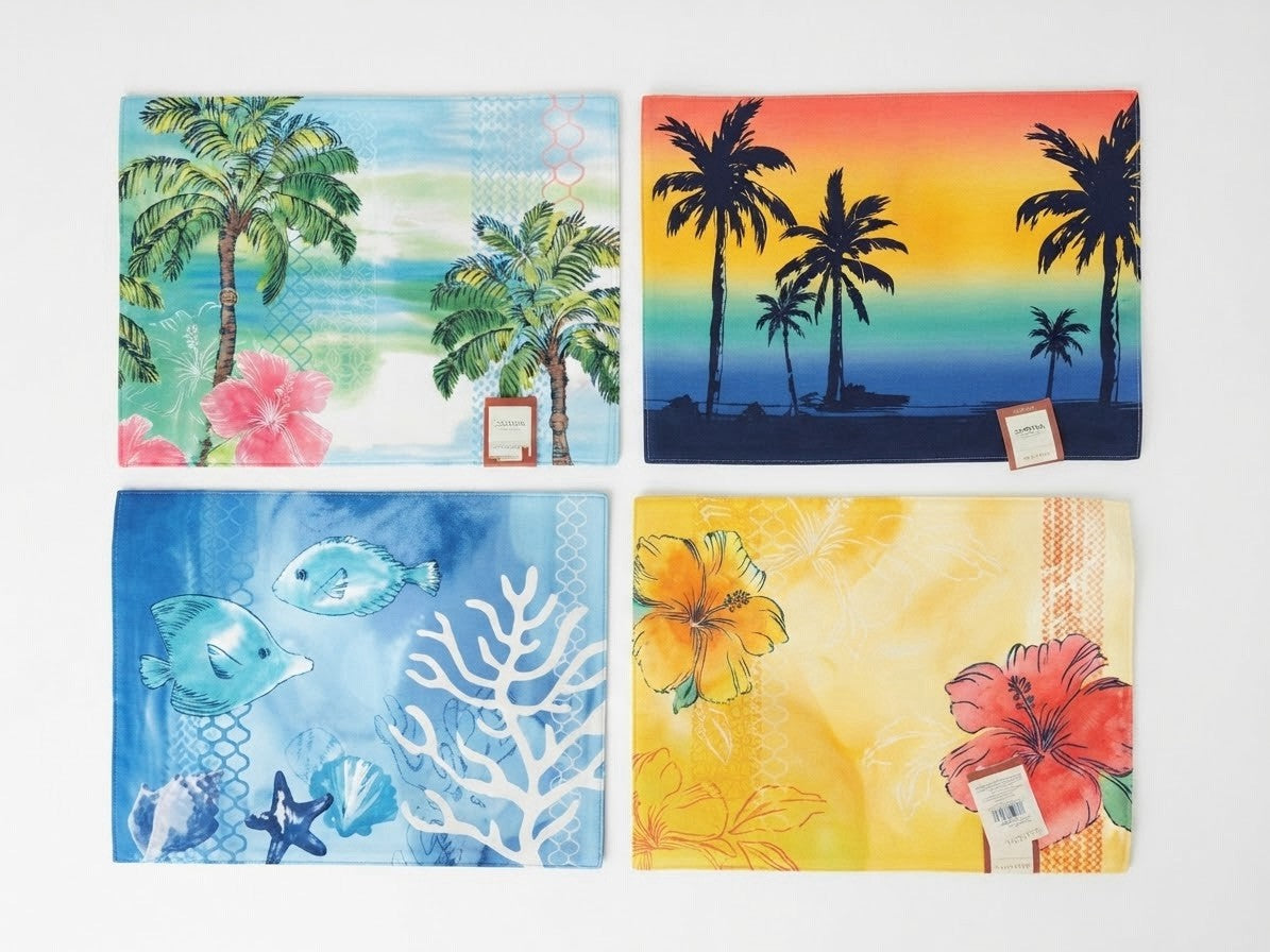 Sonoma Outdoors Tropical Placemats Palm Trees Ocean Floral Beach NWT Set of 4