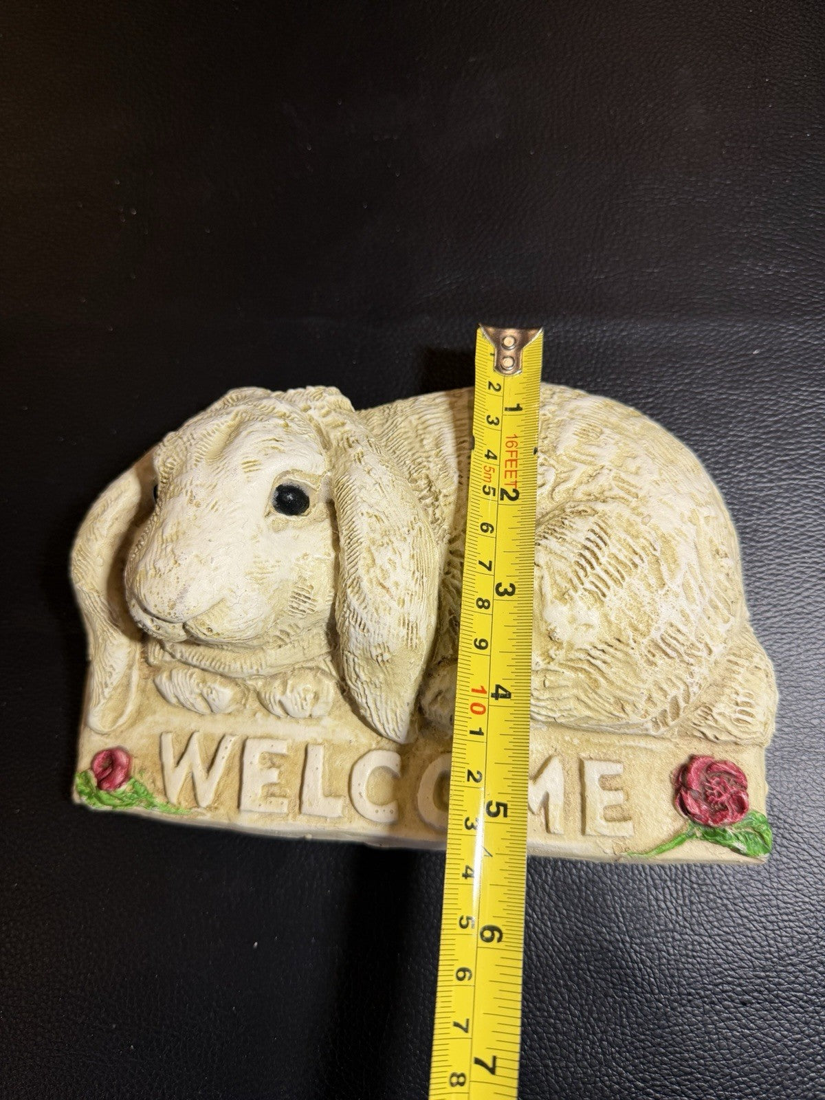 Vintage Stone Bunny Rabbit Welcome Wall Plaque Hand Finished Cottage Garden Deco