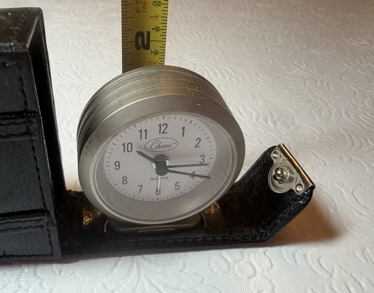 Vintage Chass Quartz Travel Alarm Clock Folding Faux Leather Case WORKS