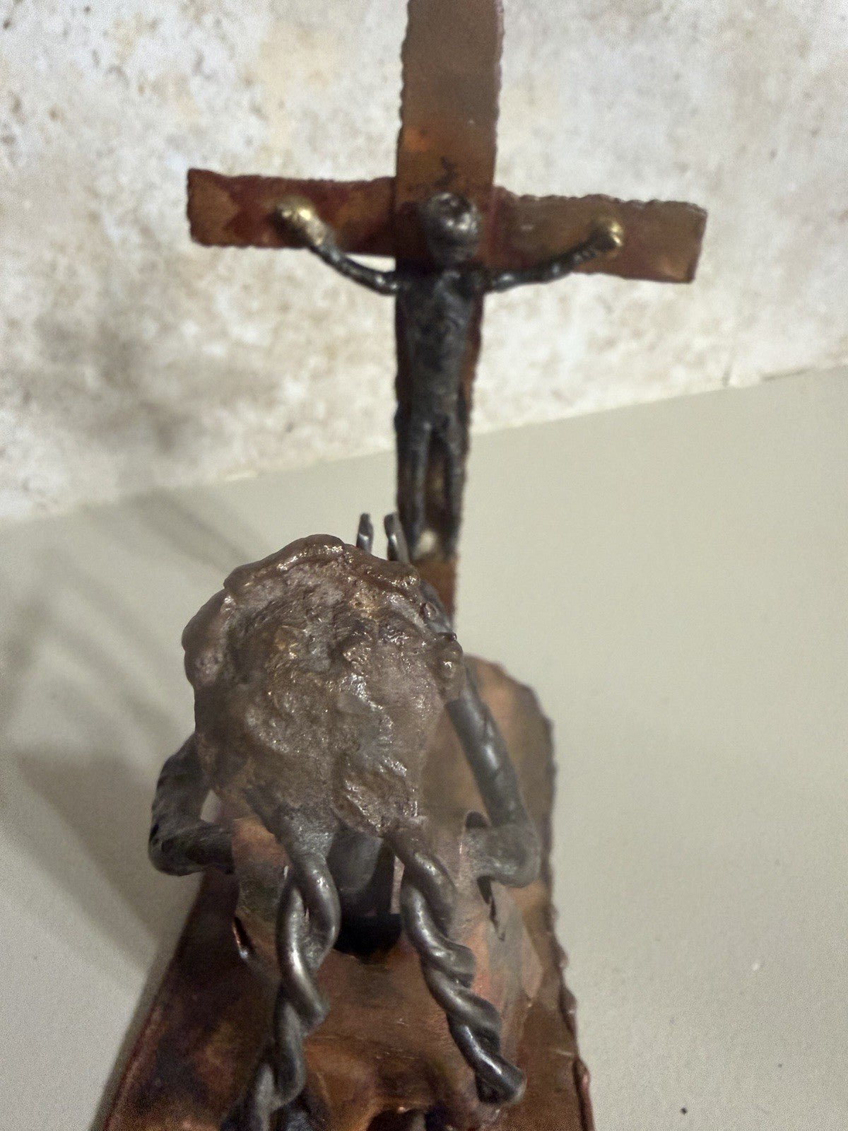 Vintage Handcrafted Metal Sculpture Praying Figure at Cross Religious Folk Art