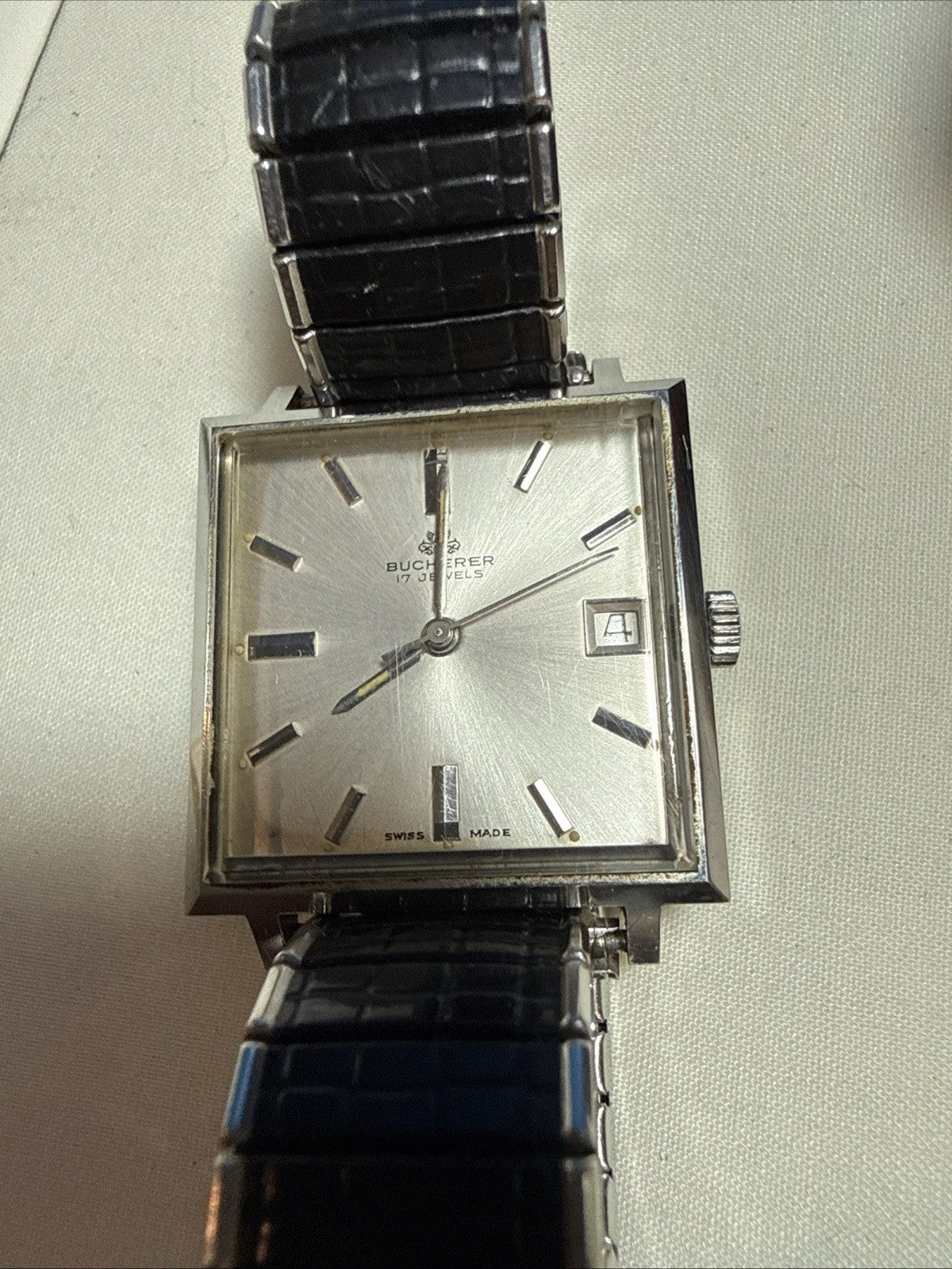 Vintage Bucherer 17 Jewel Square Dress Watch Silver Sunburst Dial Speidel Band