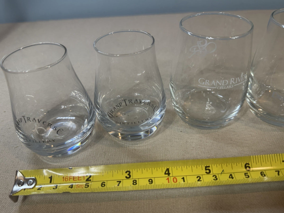 Grand Traverse Debonne GRV Etched Stemless Wine Glasses Lot 4 Tasting Tumblers