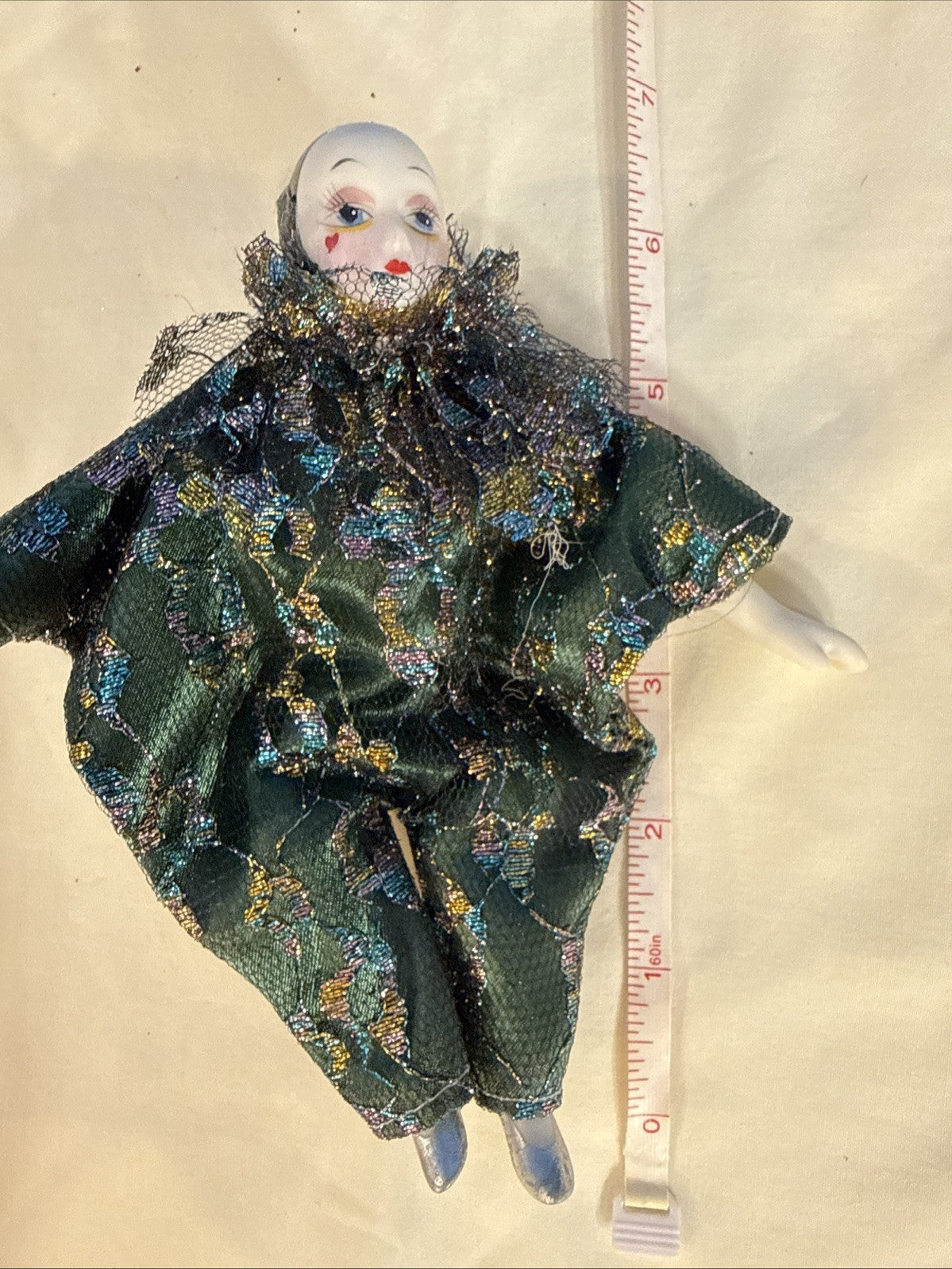 Geppeddo Porcelain Doll  Jester  Vintage Clown Harlequin Mardi-gras Sitting 6”