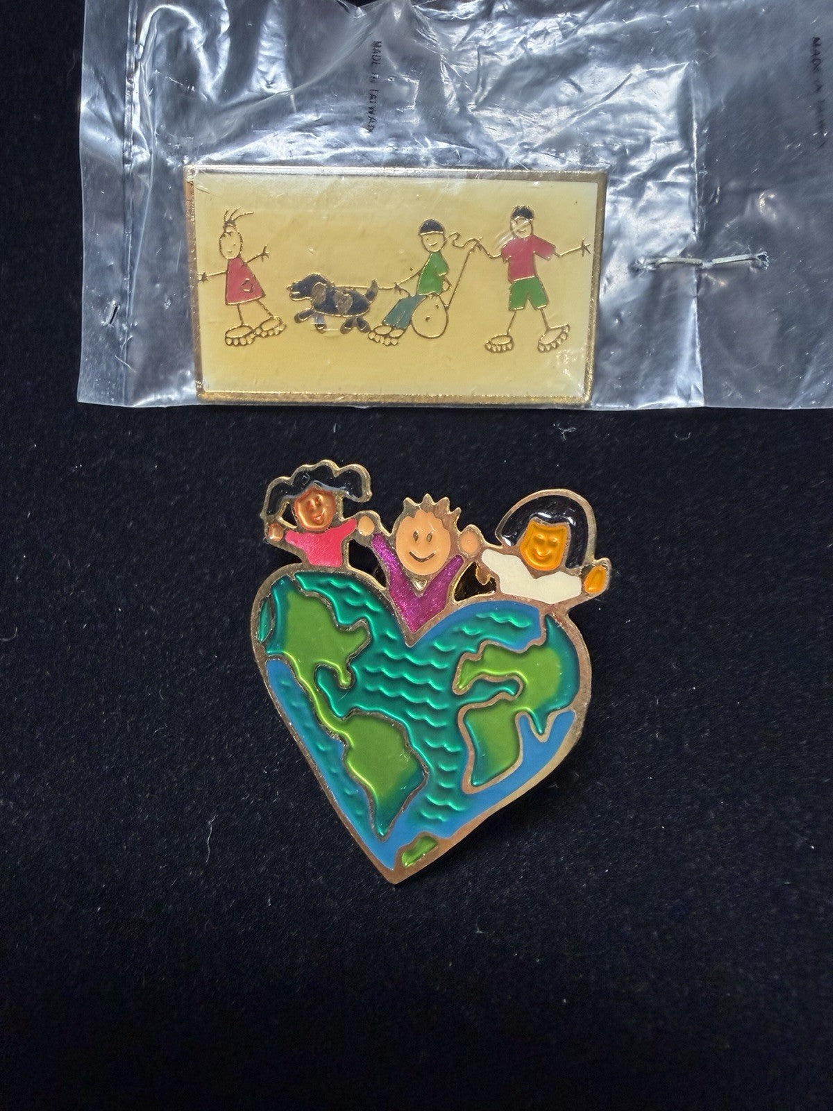 Vintage Enamel Lapel Pins Lot Two Hands Accents All Children Are Special Pin Set