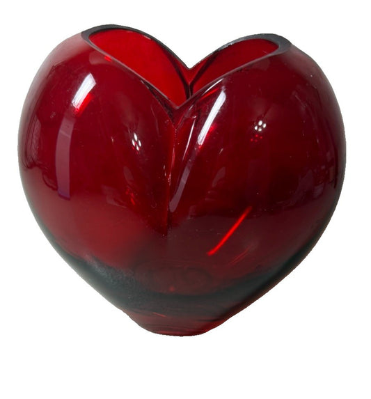 Vintage FTD Ruby Red Glass Heart Shaped Vase Valentine Floral Decor 6" Art