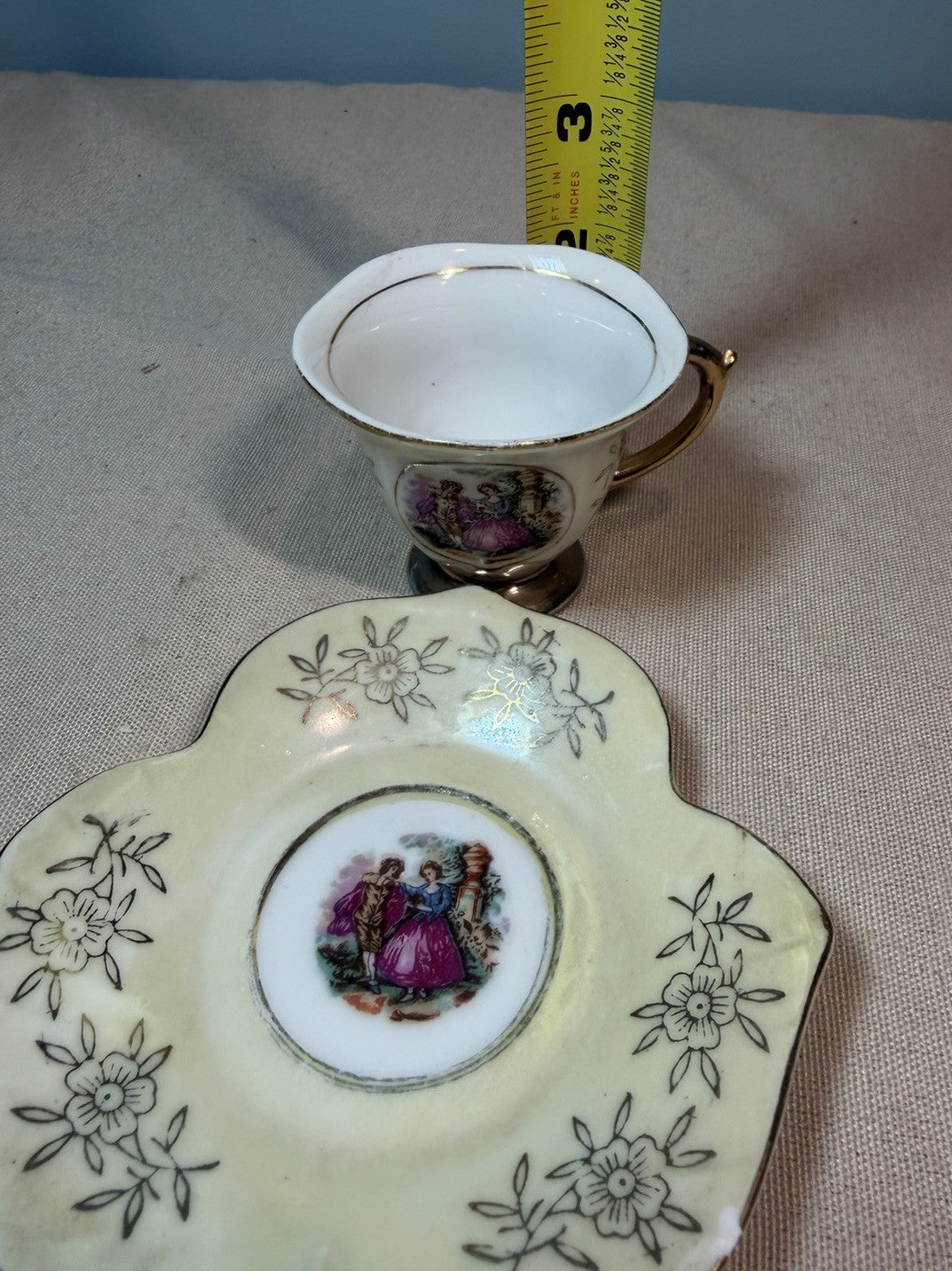 Vintage Yellow Lustreware Demitasse Cup Saucer Leaf Shape Couple Scene