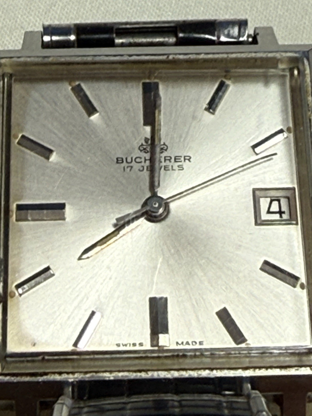 Vintage Bucherer 17 Jewel Square Dress Watch Silver Sunburst Dial Speidel Band