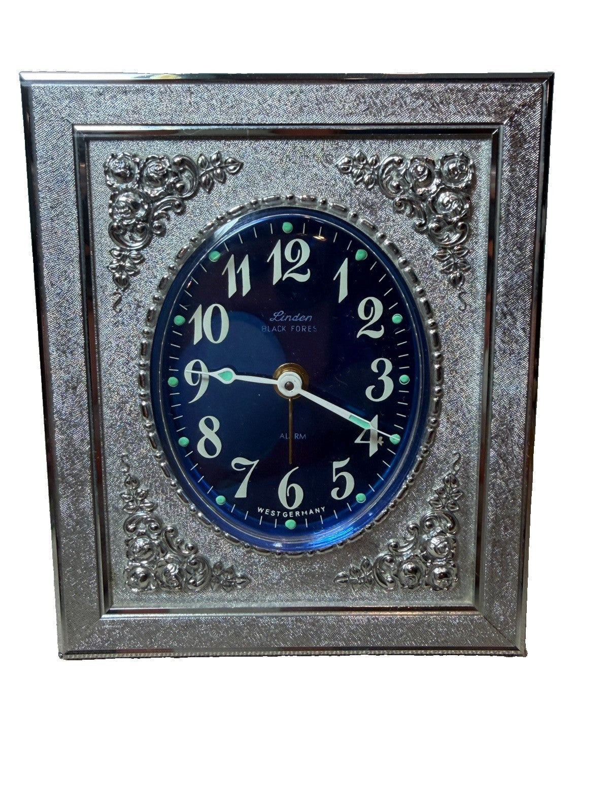Vintage Linden Black Forest Alarm Clock West Germany Blue Face Silver Tone MCM