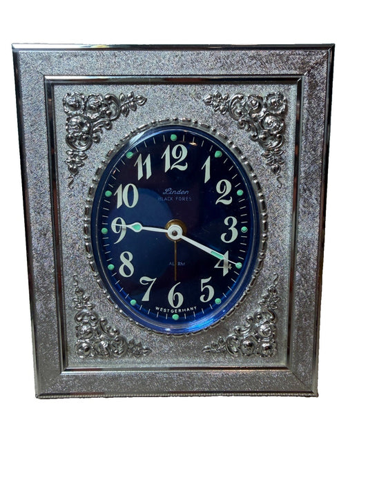 Vintage Linden Black Forest Alarm Clock West Germany Blue Face Silver Tone MCM