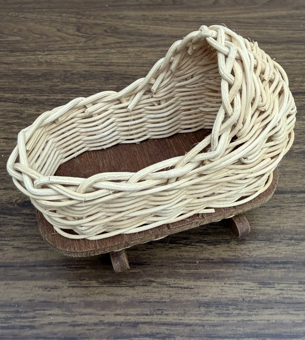 Vintage Wicker Wood Dollhouse Rocking Cradle Bed Bassinet Miniature Furniture