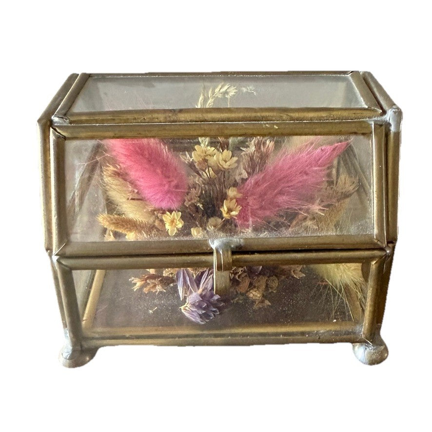 Vintage Brass Glass Display Box Hinged Lid Flower Preserve Trinket Jewelry Case