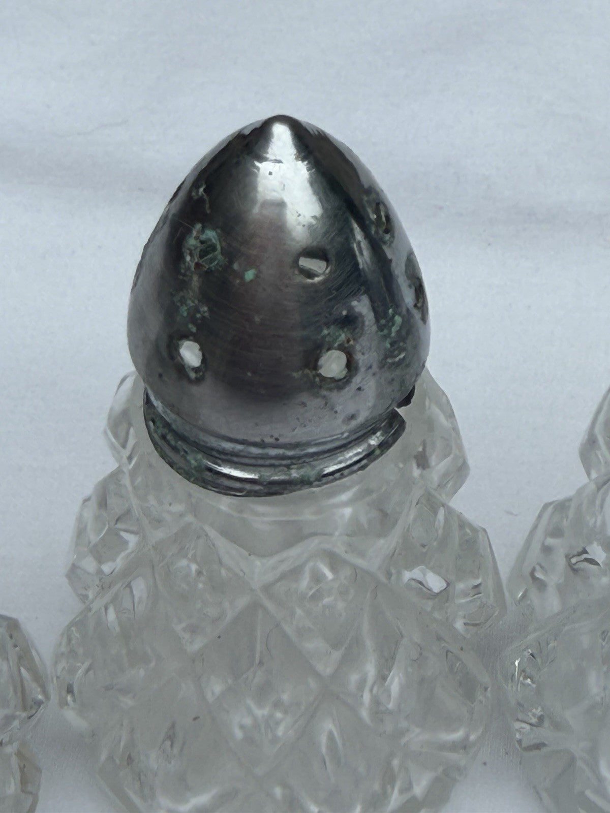 Vintage Mini Lead Crystal Cut Glass Salt Pepper Shakers Lot of 4 Metal Lids