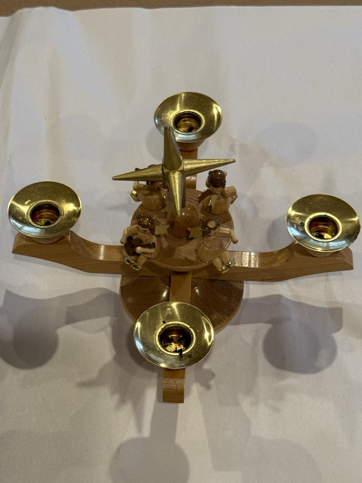 Erzgebirgische Volkskunst Wood Angel Candle Holder, 4 Arm Gold Star, German Folk