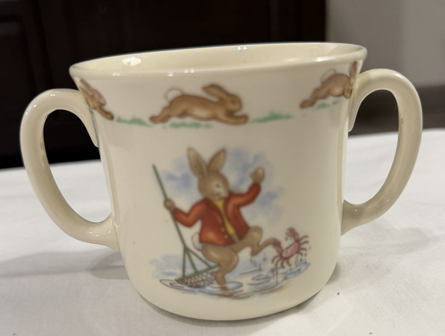 Vintage Royal Doulton Bunnykins Double Handled Cup, Bunny Family Fishing, Child