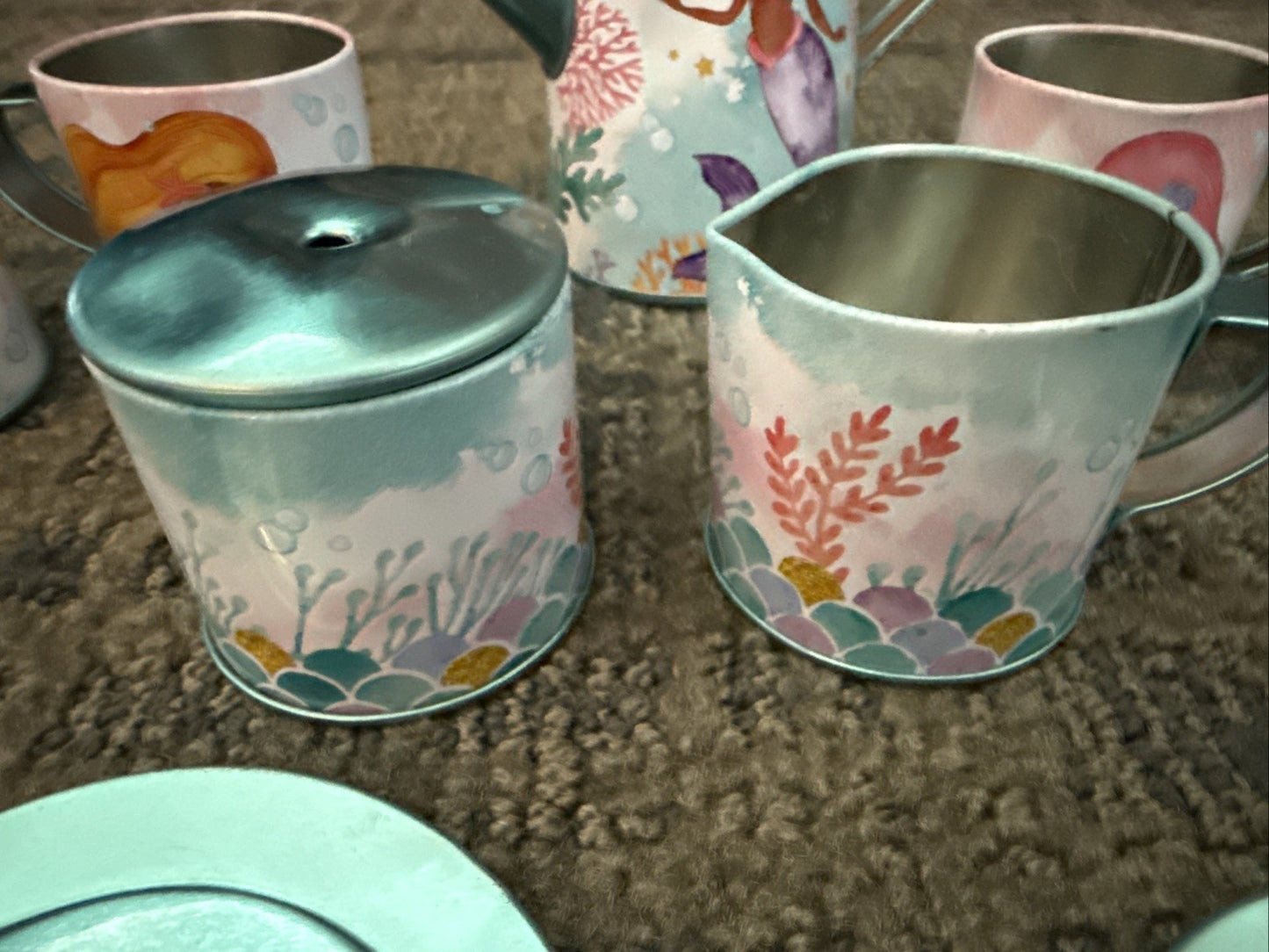 Members Mark Mermaid Tin Tea Set Kids Playset 10 Pieces INCOMPLETE