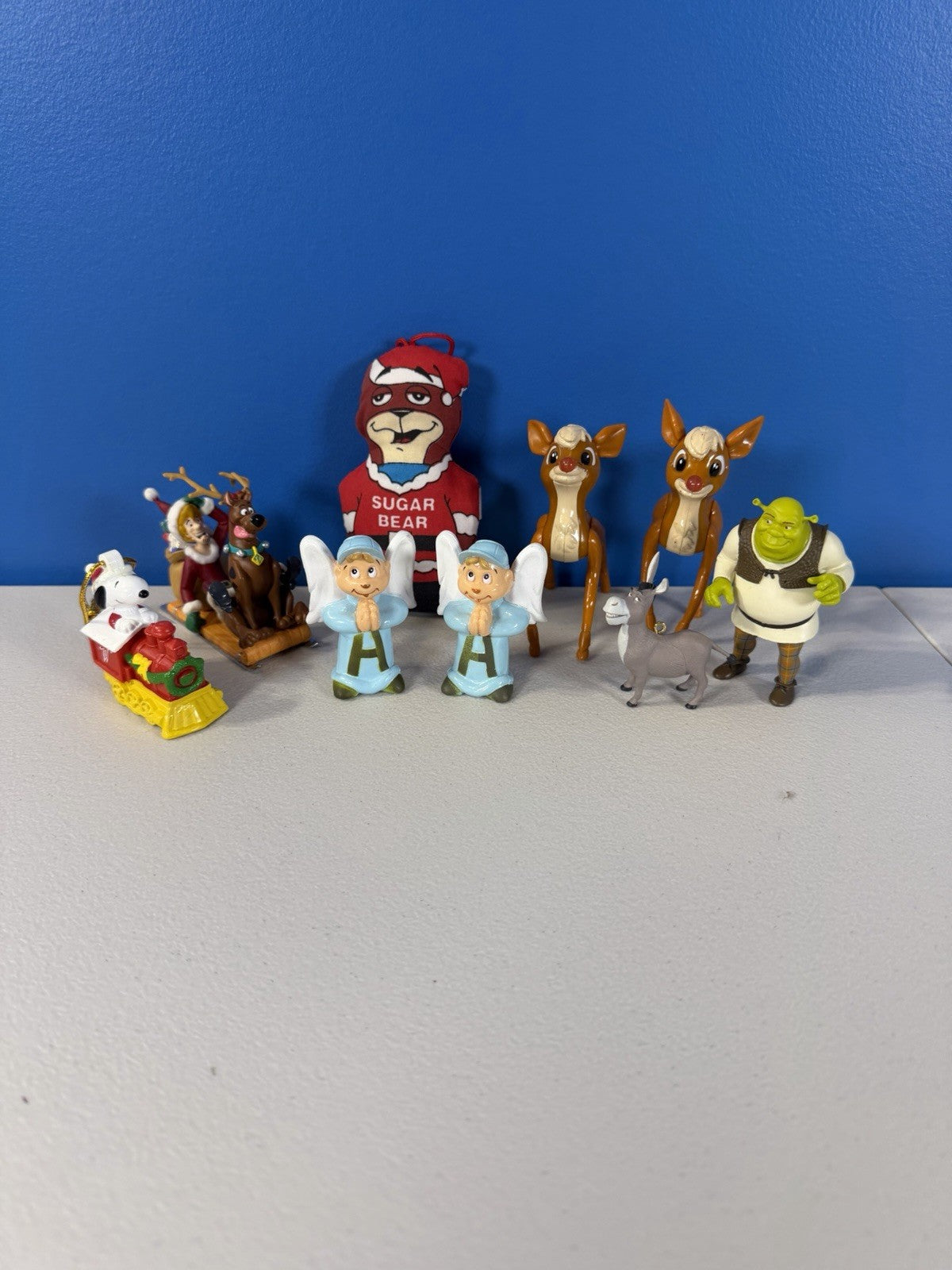 Vintage Christmas Ornaments Lot of 9 Shrek Scooby Snoopy Rudolph Sugar Bear Toys