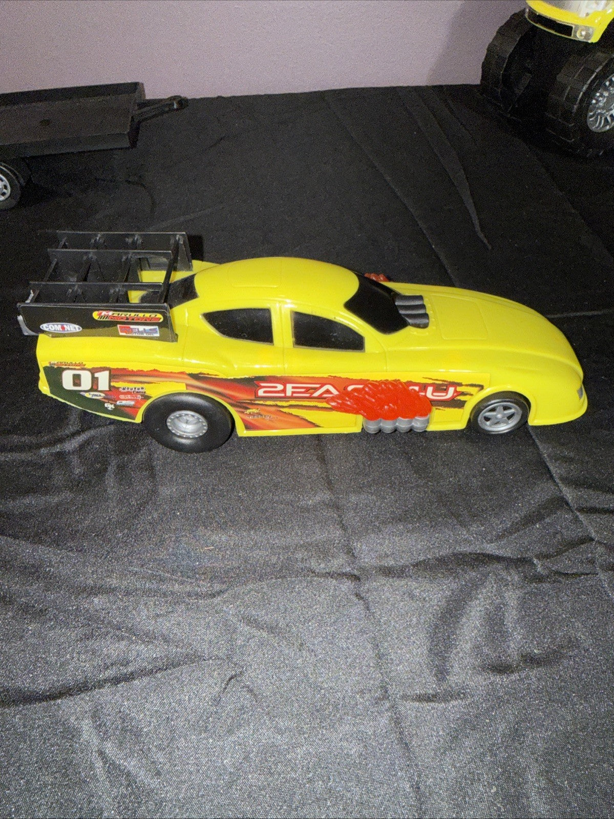 Vintage 2FAST4U Yellow Monster Truck Funny Car Trailer Combo Sounds WORKS