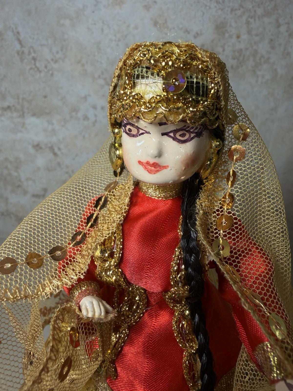 Vintage Handmade Cultural Cloth Dolls Pair Gold Trim Embroidered Folk Art