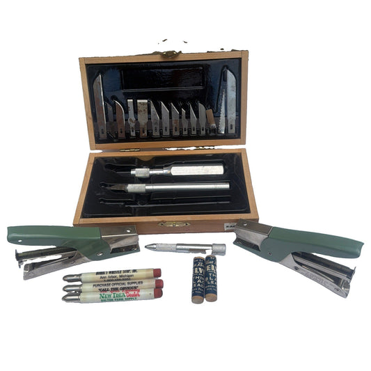 Vintage X-Acto Wooden Tool Box Hobby Knife Set Pliers Stapler Mechanical Pencil