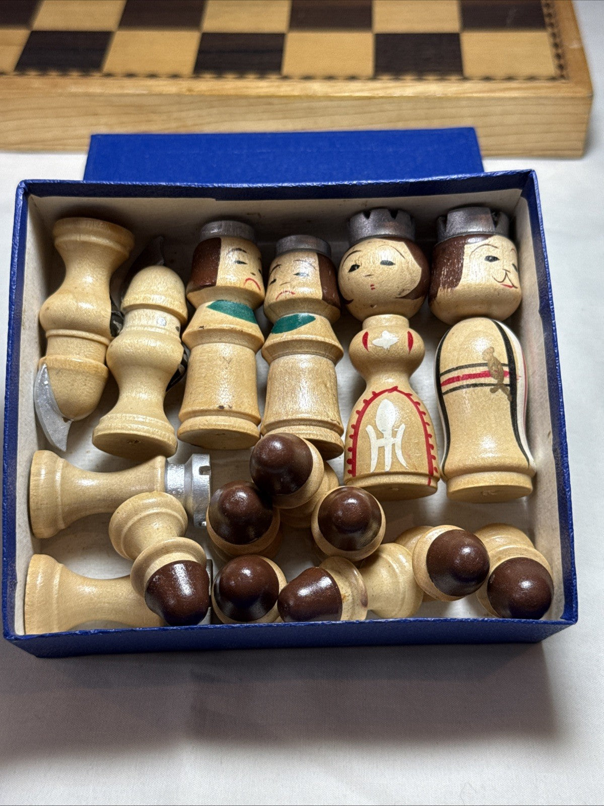 Vintage Japanese Kokeshi Wood Chess Set Hand Painted Pieces Folding Board Boxes