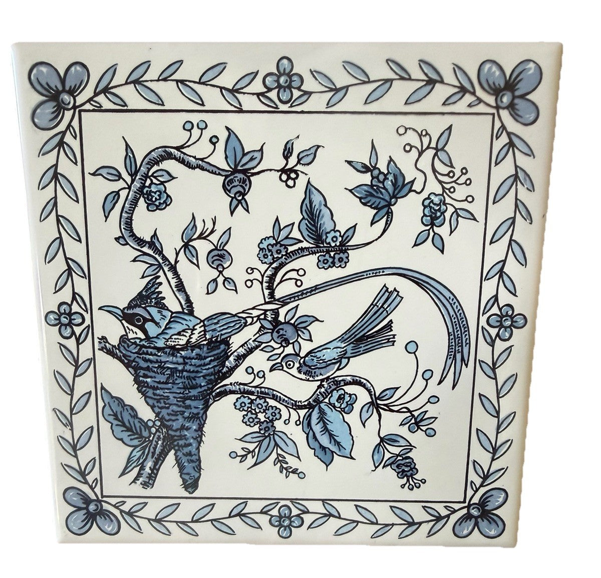 Vintage Azupal Pombal Portuguese Ceramic Tile Birds Nest Blue White 6"