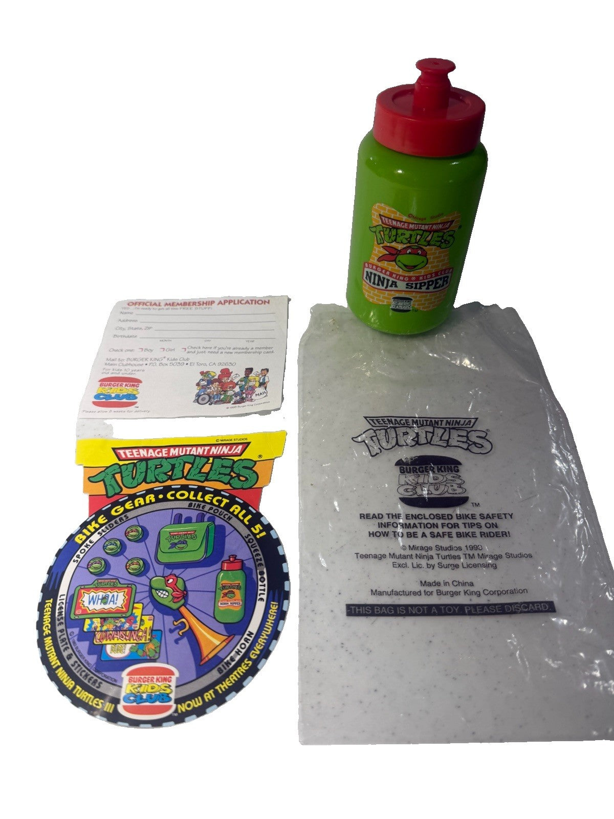 Vintage 1990 Burger King TMNT Ninja Sipper Bottle Complete Paperwork Premium Lot