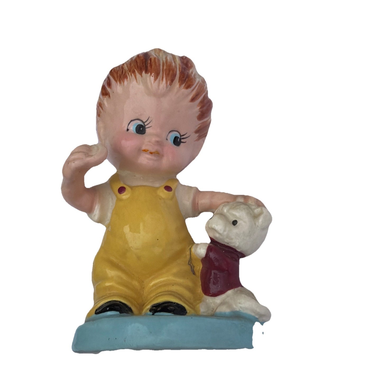 Vintage Porcelain Boy Figurine Puppy Yellow Overalls Dog Figure 4"x3"