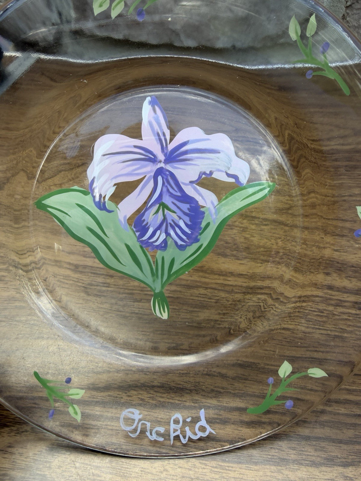 Vintage Reverse Painted Glass Plates Orchid Larkspur Floral Art Set of 2 - 8”