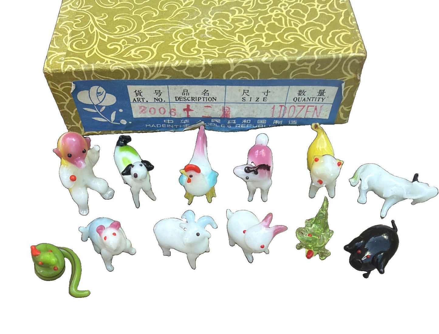 Vintage Hand Blown Glass Chinese Zodiac Animal Ornament Set 12 Boxed Miniatures
