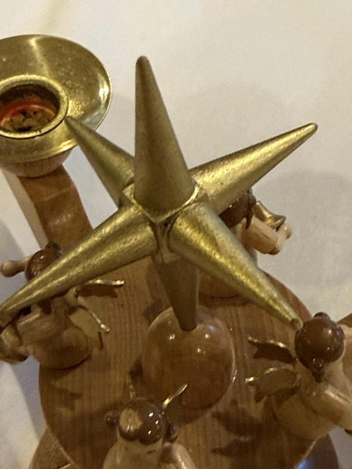 Erzgebirgische Volkskunst Wood Angel Candle Holder, 4 Arm Gold Star, German Folk