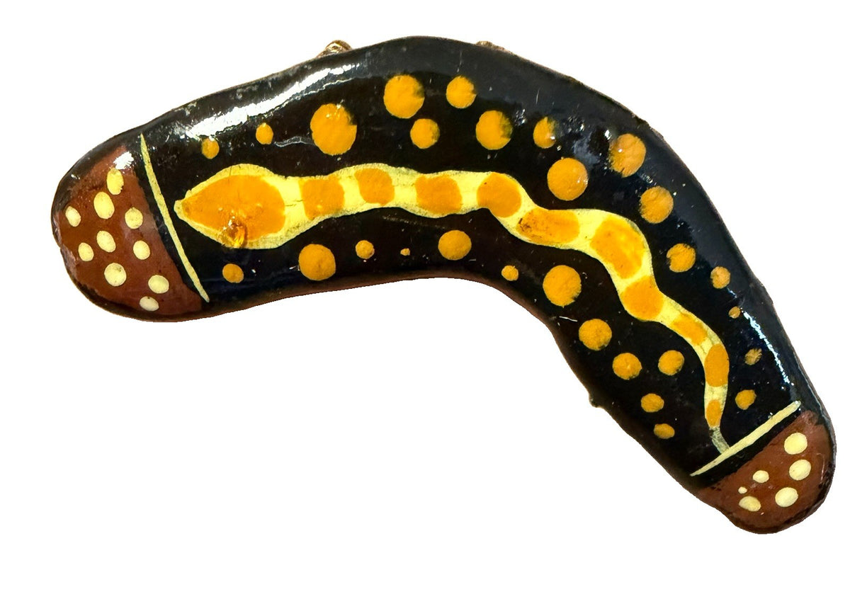 Vintage Russian Hand Painted Lacquer Floral Brooches Signed Boomerang Snake Pin