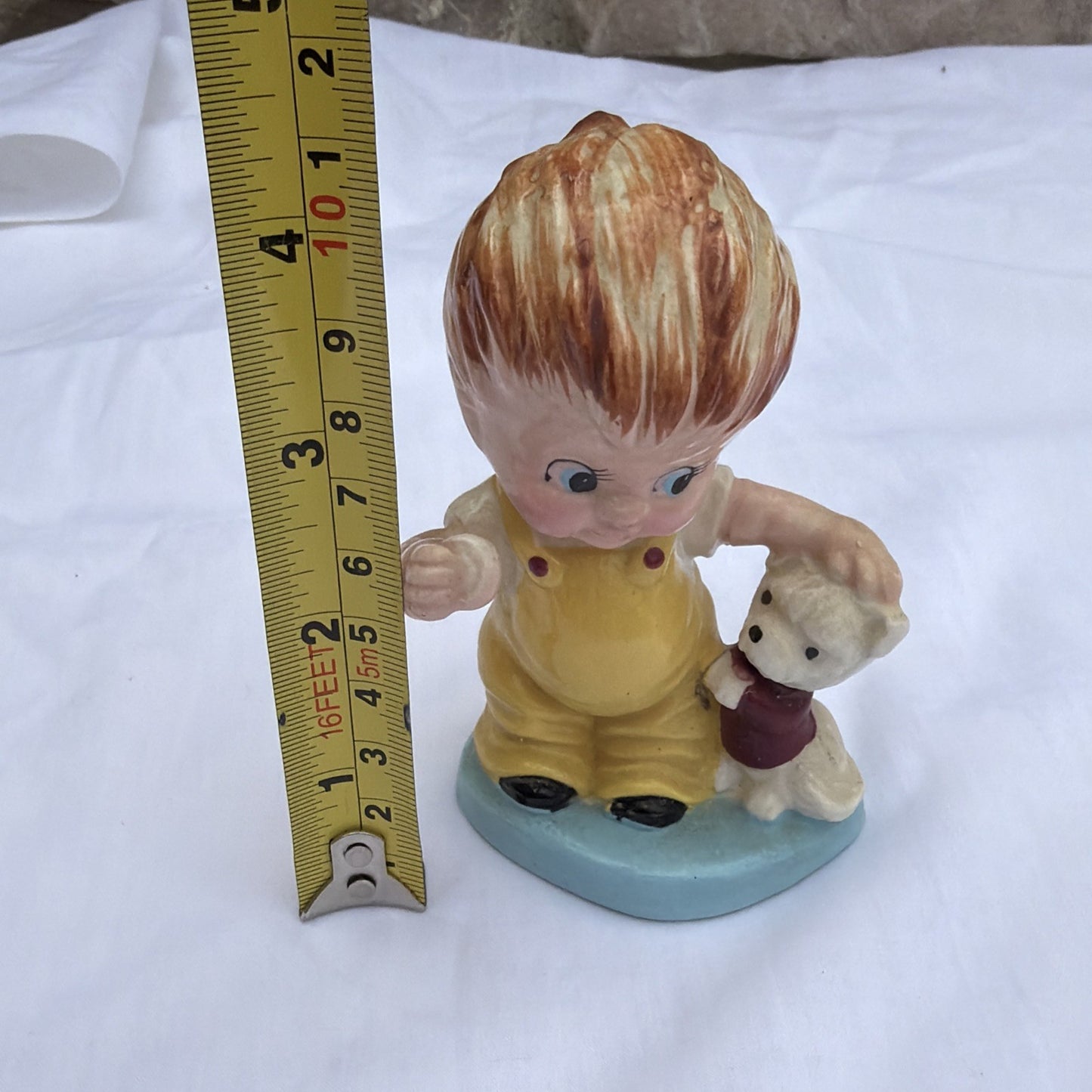 Vintage Porcelain Boy Figurine Puppy Yellow Overalls Dog Figure 4"x3"
