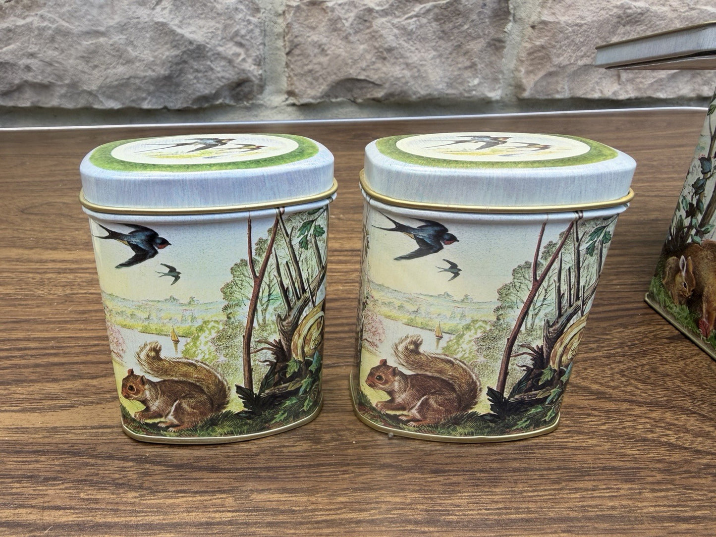 Vintage England Nesting Tin Set Birds Teapot Boot Squirrel 3 Piece Tin Lot