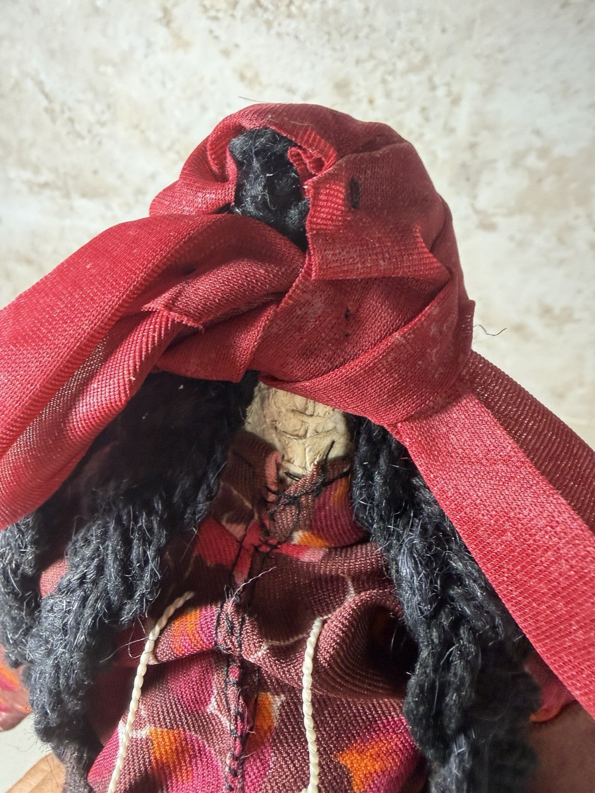 Vintage Handmade Folk Art Cloth Doll Painted Face Braided Yarn Hair Primitive