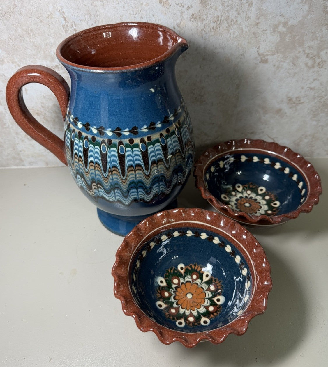 Vintage Mexican Folk Art Pottery Pitcher Salt Bowls Set Blue Brown Hand Painted