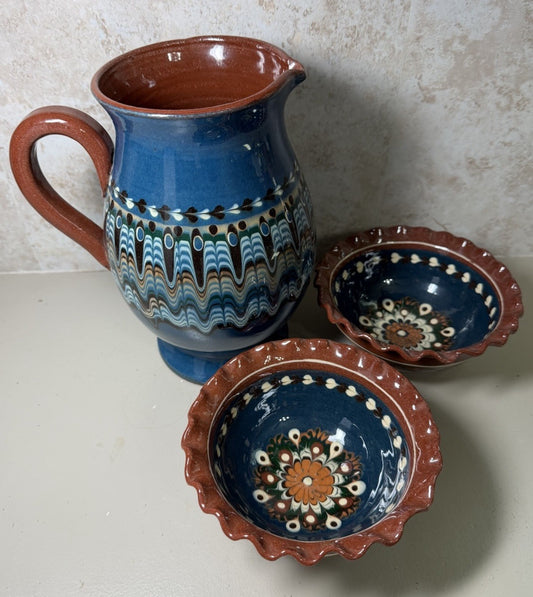 Vintage Mexican Folk Art Pottery Pitcher Salt Bowls Set Blue Brown Hand Painted