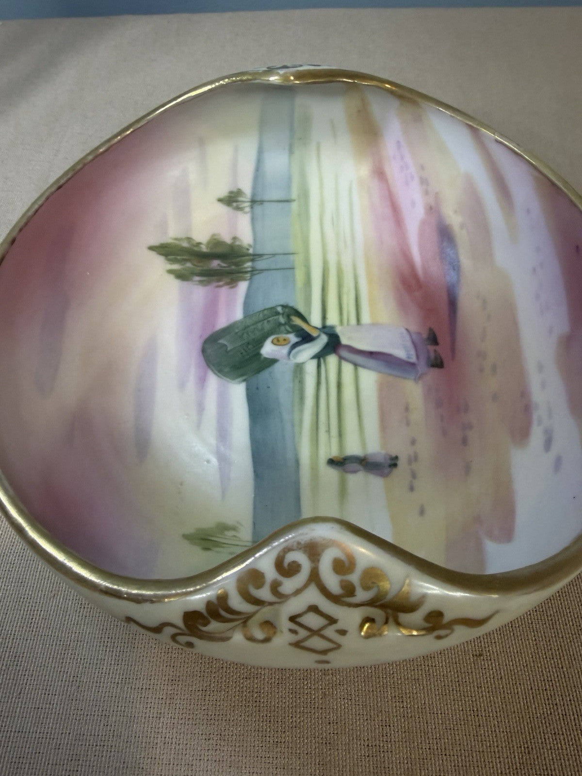 Vintage Nippon Hand Painted Ceramic Bowl Dutch Peasant Scene Floral Japan