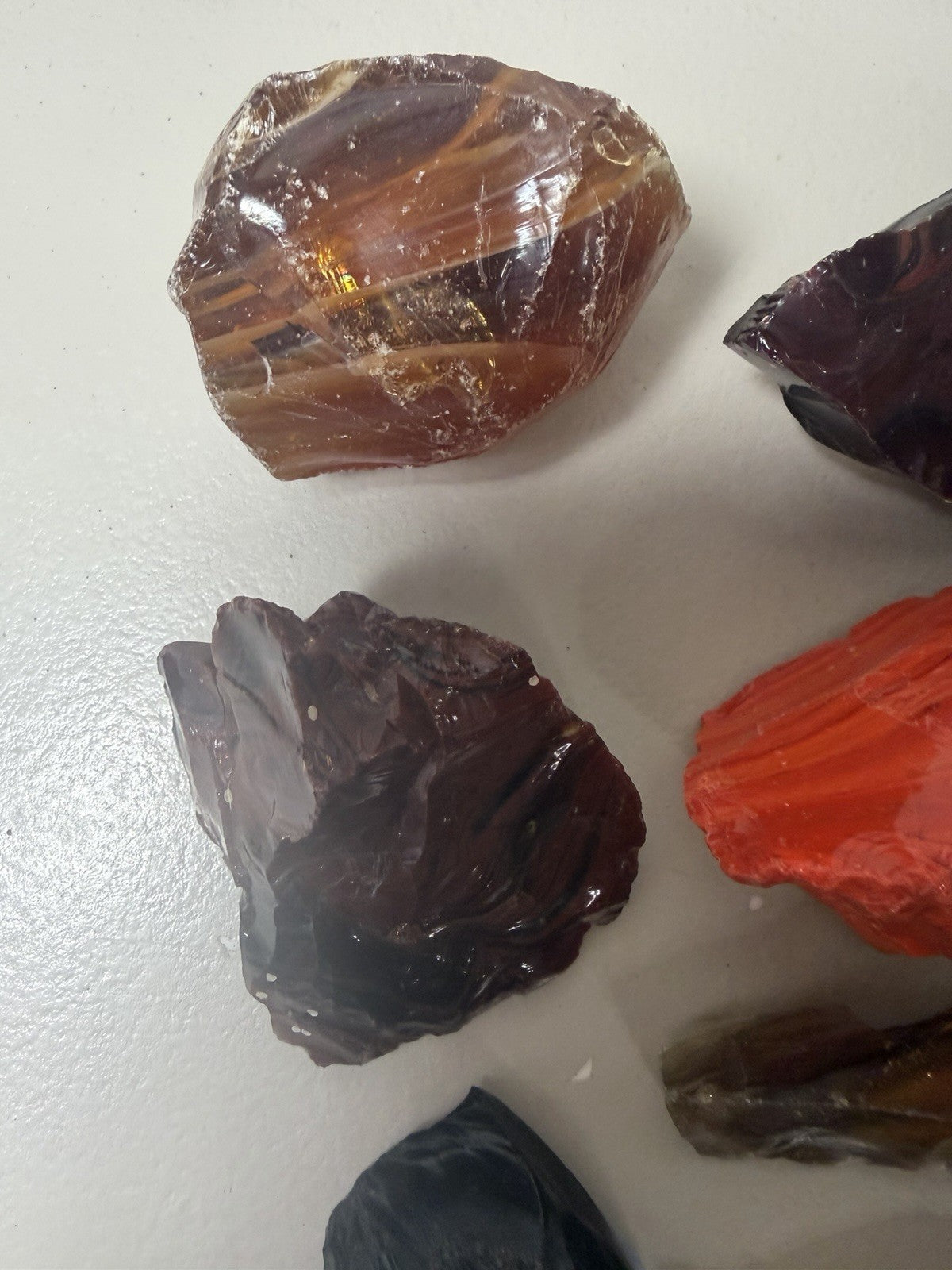 Raw Slag Glass Cullet Chunks Red Amber Yellow Orange Black Stones Lot of 12