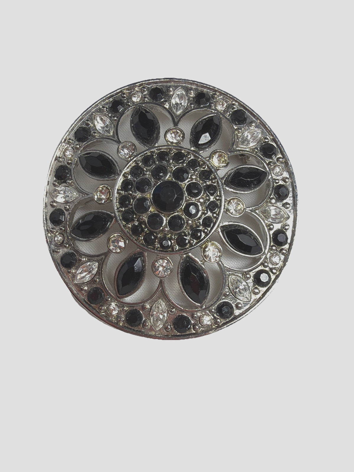 Vintage Brooch LC Black, Clear Gems Silver Tone Round Openwork 1980s Jewelry Pin
