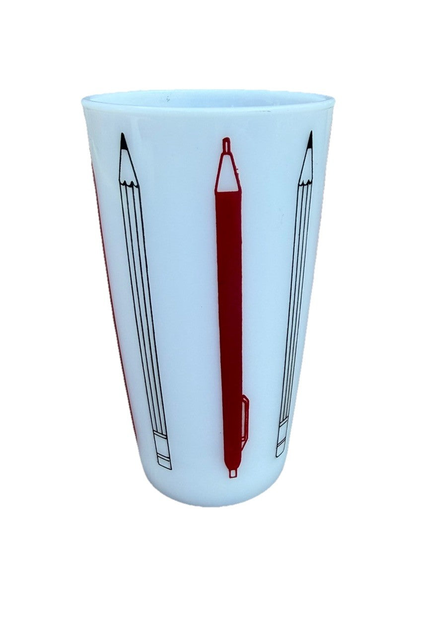 Vintage Milk Glass Advertising School Pictures Tumbler Chrome Graphics 5"