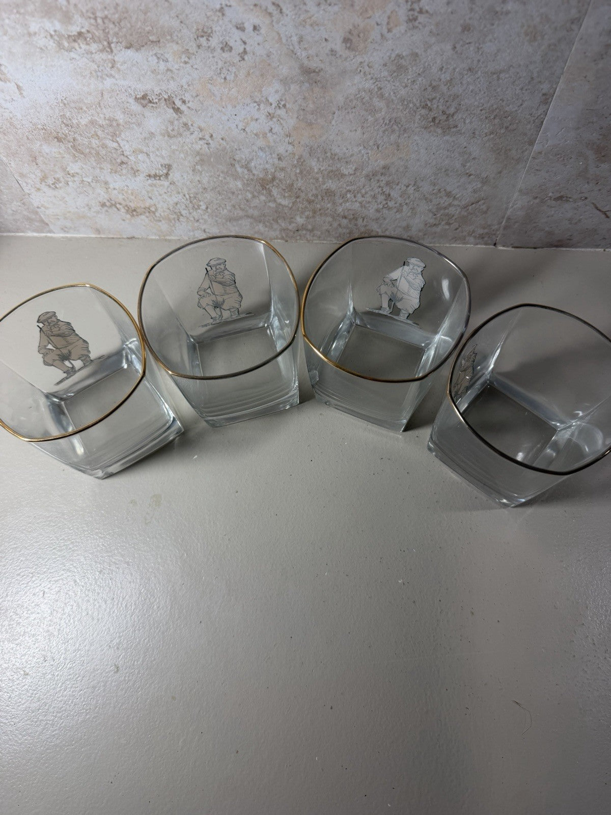 Vintage Golf Lowball Glasses Gold Rim Golfer Rock Whiskey Tumblers MCM Set of 4