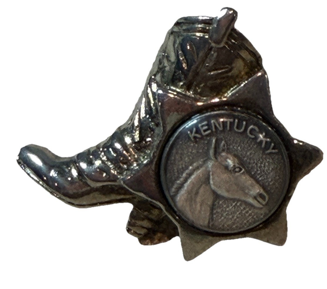 Vintage Cowboy Boot Pin Kentucky Horse Logo Silver Tone Western Brooch