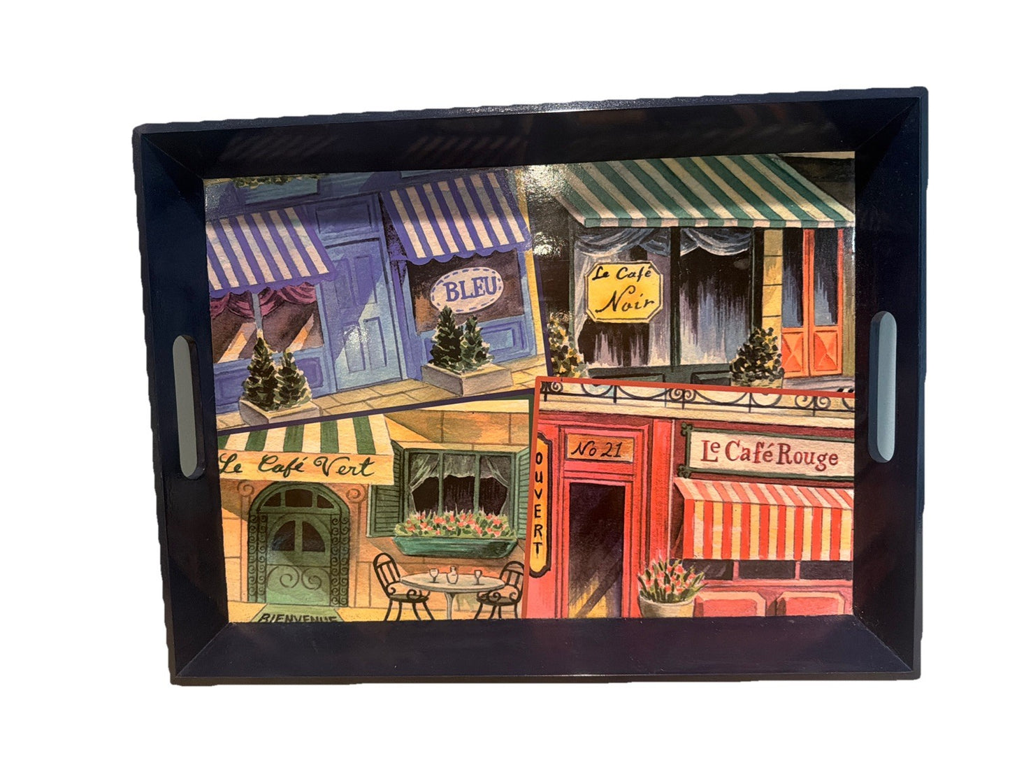 French Street Scene Serving Tray with Navy Blue Handles 14.5" x 9.5"