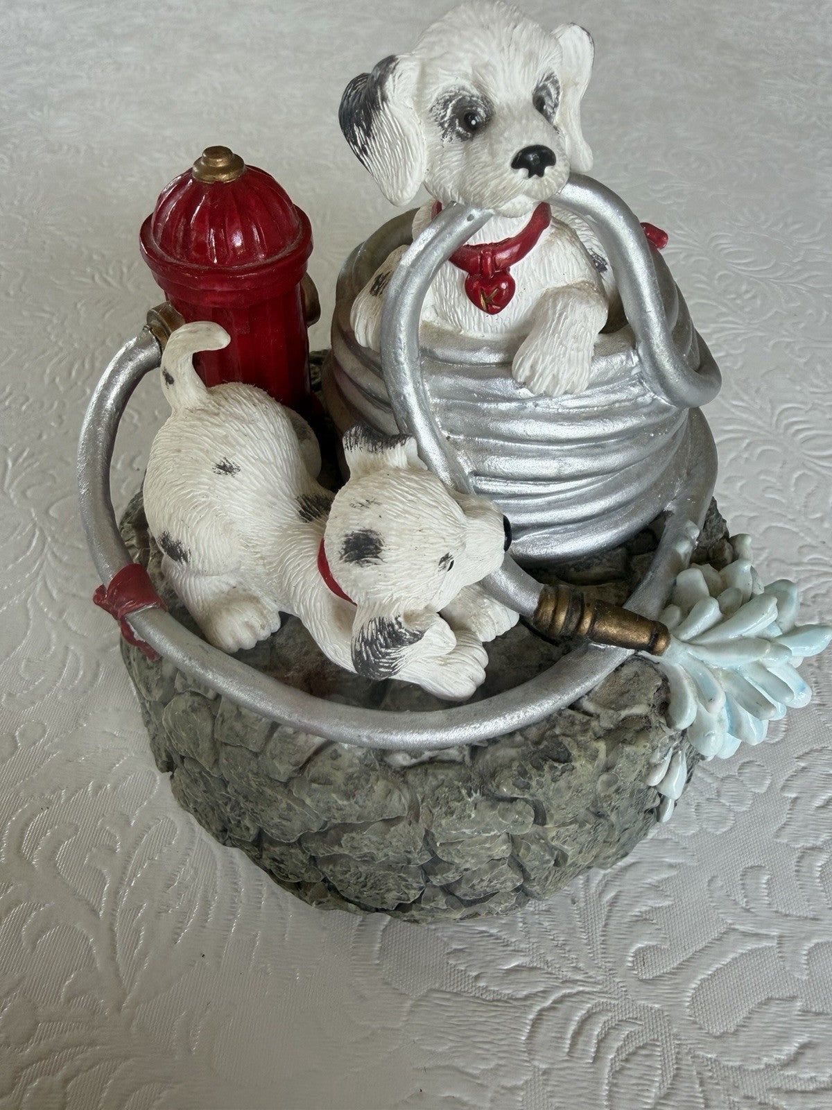 Vintage Dalmatian Puppy Figurine Lot 4pc Wind Up Musical Music Box Red Wagon