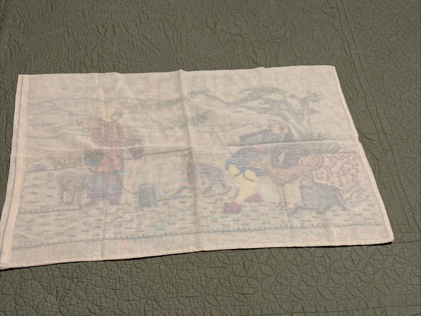 Vintage Hand Embroidered Middle Eastern Textile Panel Folk Art Desert Scene MCM