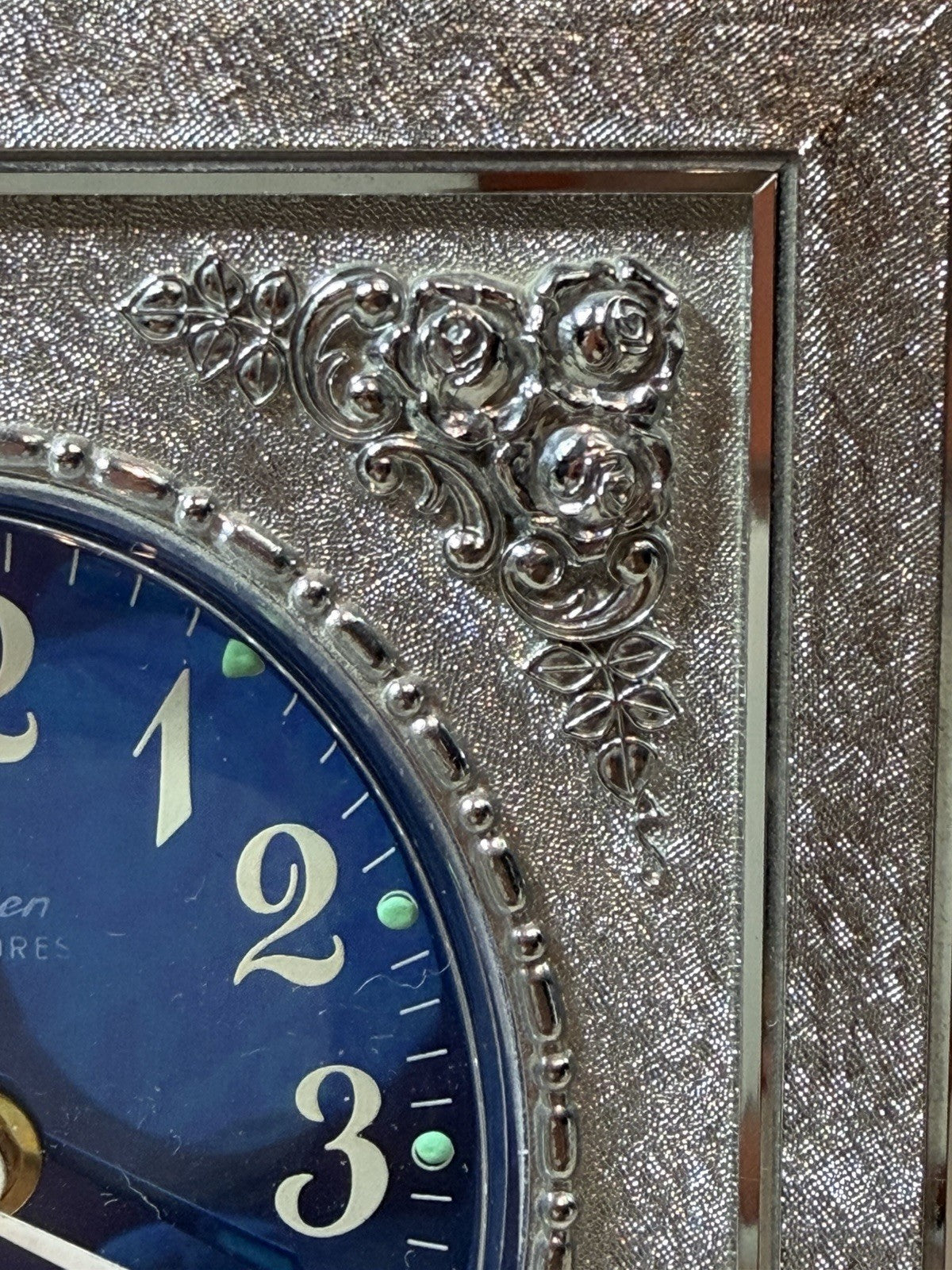 Vintage Linden Black Forest Alarm Clock West Germany Blue Face Silver Tone MCM