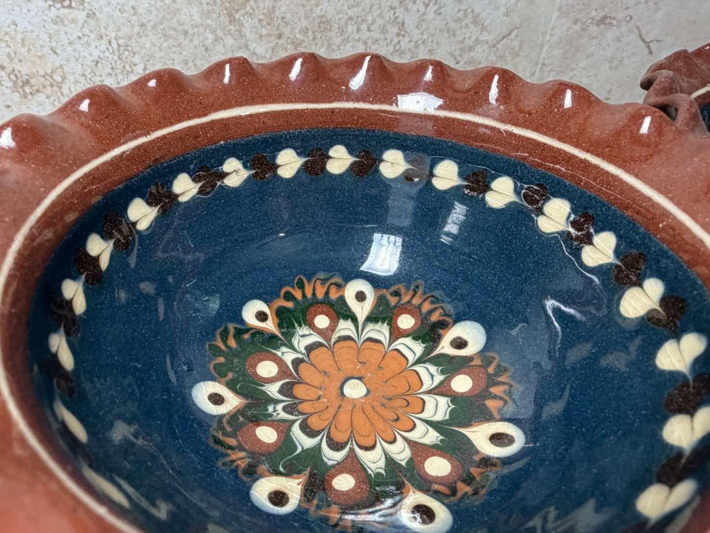 Vintage Mexican Folk Art Pottery Pitcher Salt Bowls Set Blue Brown Hand Painted