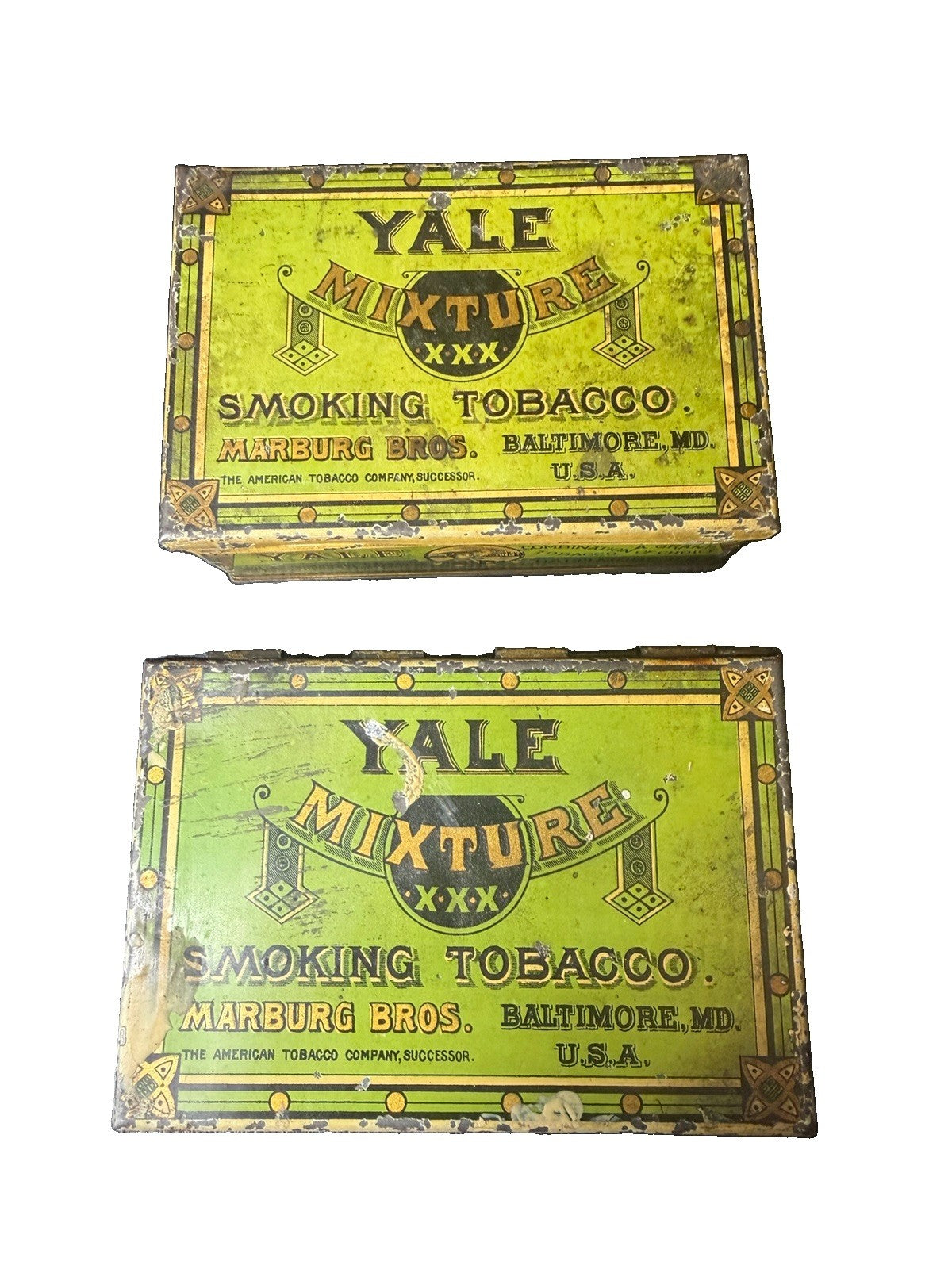Antique Yale Mixture Tobacco Tins 2 Marburg Bros Baltimore Maryland Green EMPTY