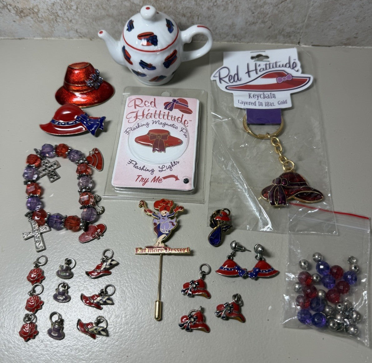 Red Hat Society Lot Teapot Pin Keychain Charms Jewelry Craft Beads Red Purple