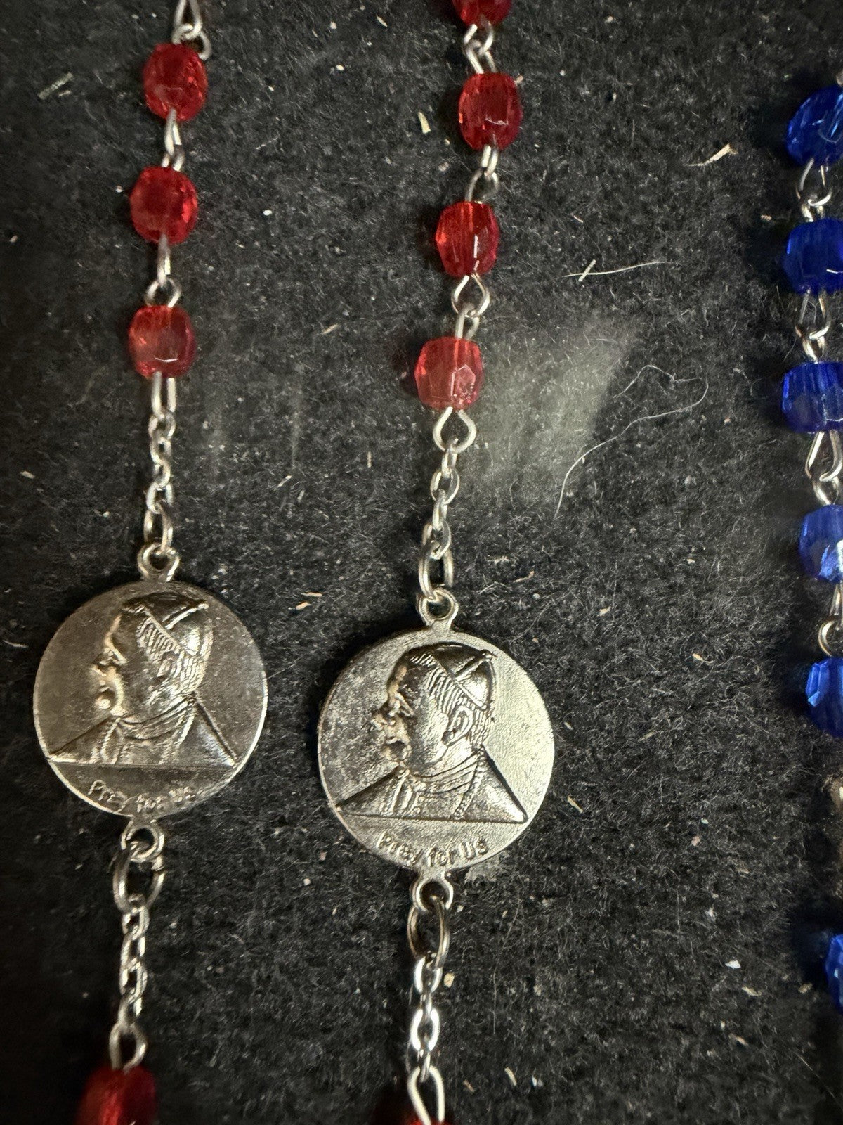Catholic Rosary Beads Pair Red Blue Crystal Glass Silver Tone Cross Religious